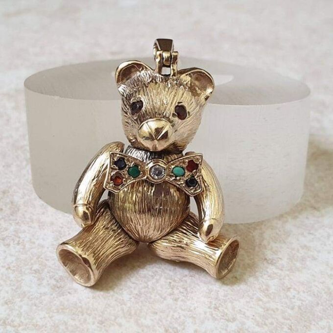 Heavy Articulated Teddy Bear With Dickie Bow In 9ct Gold - Gems Afire 