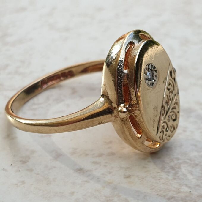 Diamond Set Engraved Signet Ring in 9ct Gold