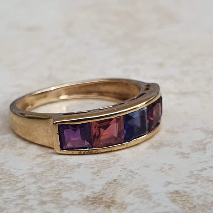Iolite, Tourmaline and Amethyst Ring in 9ct Gold.