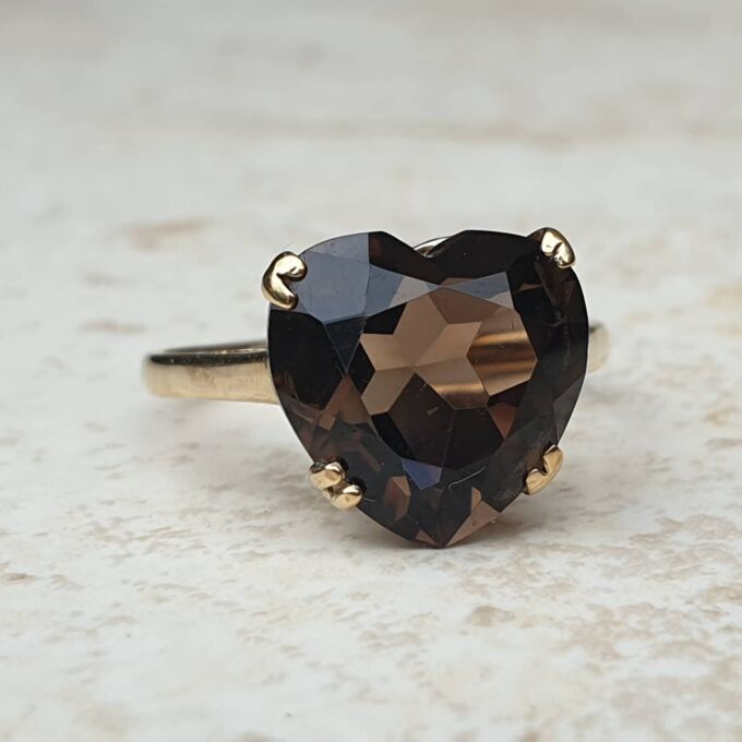 Romantic Heart Cut Smoky Quartz Ring in 9ct Gold, a UK P 1/2 or a US 8 1/4.