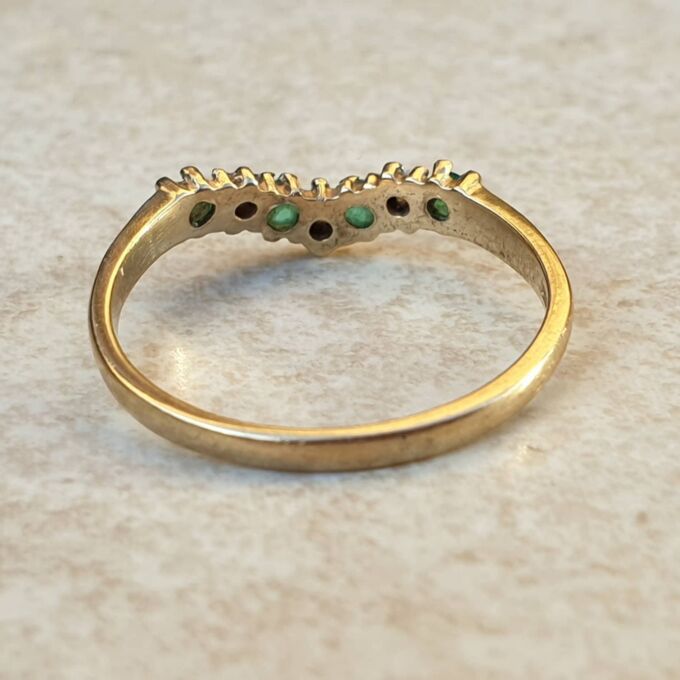 Emerald and Diamond Chevron or Wishbone Ring in 9ct Gold, a UK M or a US 6 1/2