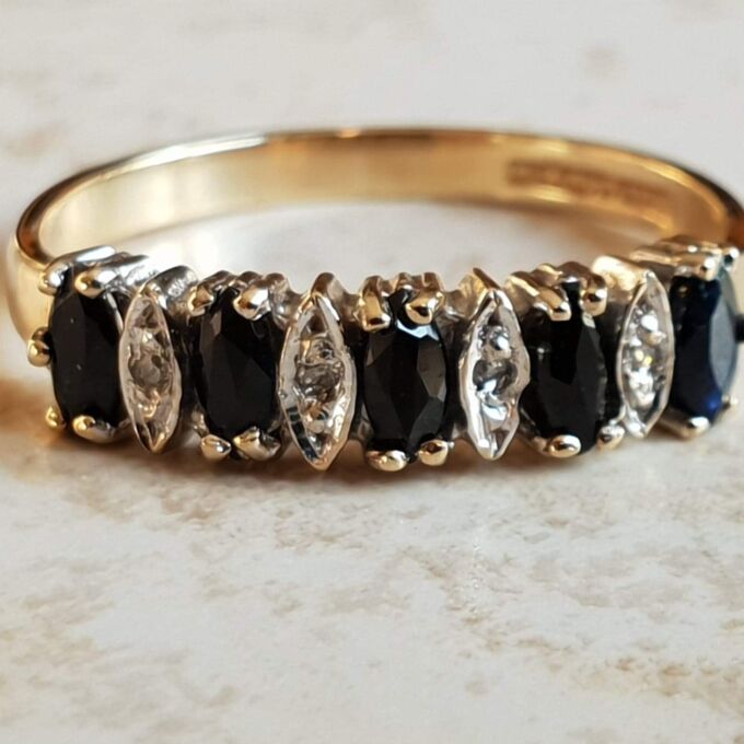 Marquise Sapphire & Diamond Band in 9ct Gold,  Size UK K 1/2 or a US 5 1/2.