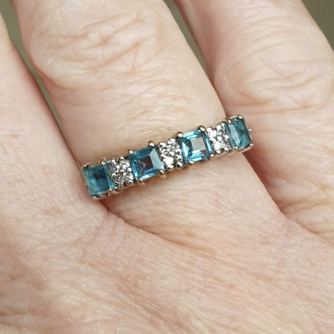 Bright Swiss Blue Topaz and Diamond Band in 9ct Gold, a UK J 1/2 or a US 5 1/4.