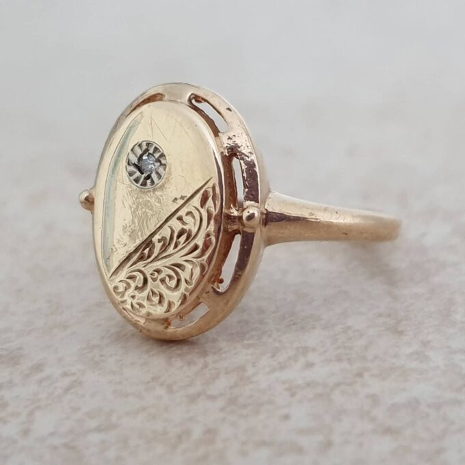 Diamond Set Engraved Signet Ring in 9ct Gold