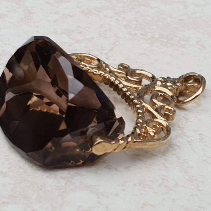 Smoky Quartz Spinning Fob Pendant in 9ct Gold