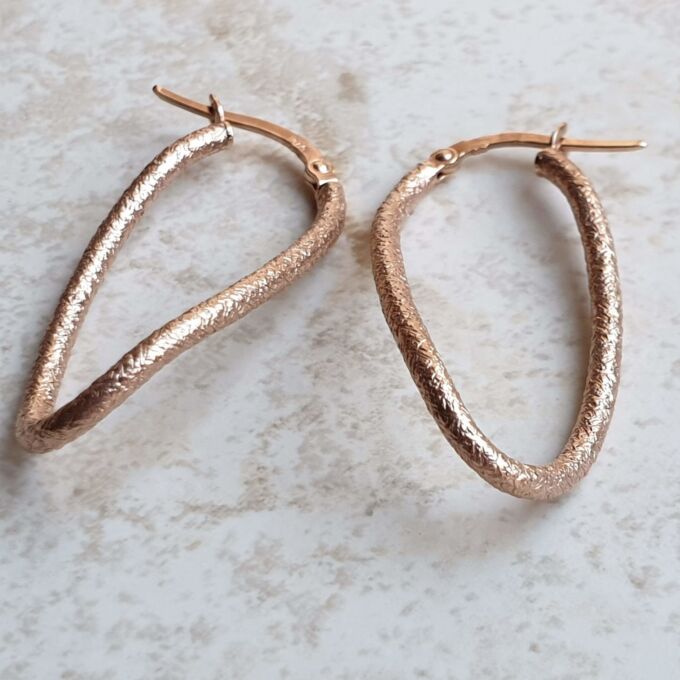 Textured Curved Oval Hoop Earrings in 9ct Rose Gold