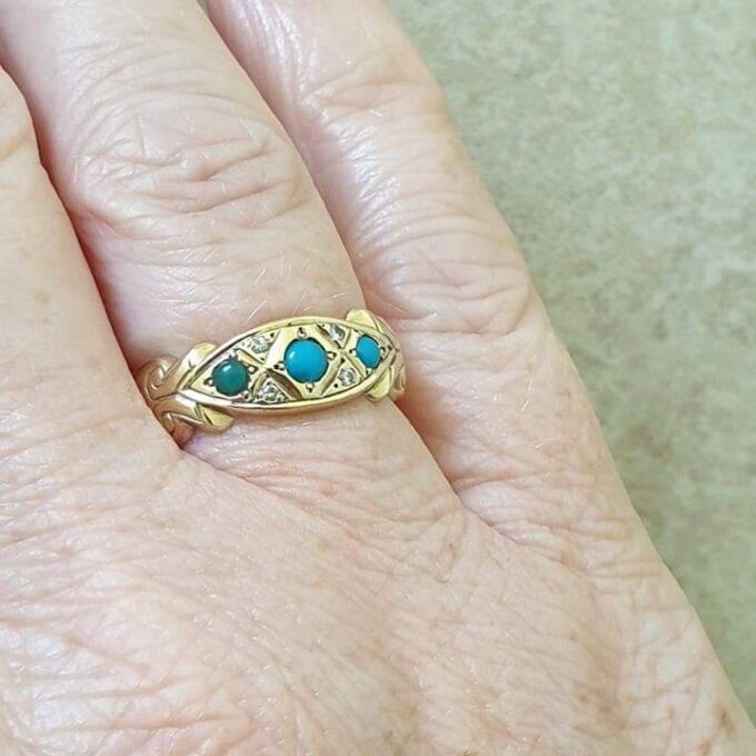 Three Stone Turquoise and Diamond Ring in 9ct Gold.