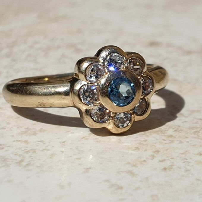 Topaz and Paste Daisy Cluster Ring in 9ct Gold,  a UK N or a US 7.