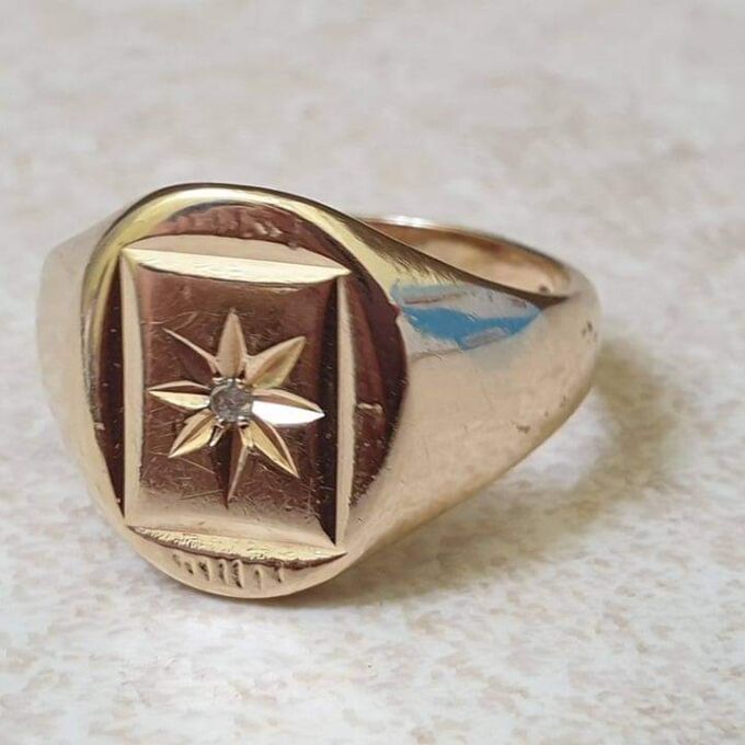 Heavy Oval Diamond Set Signet in 9ct Gold.