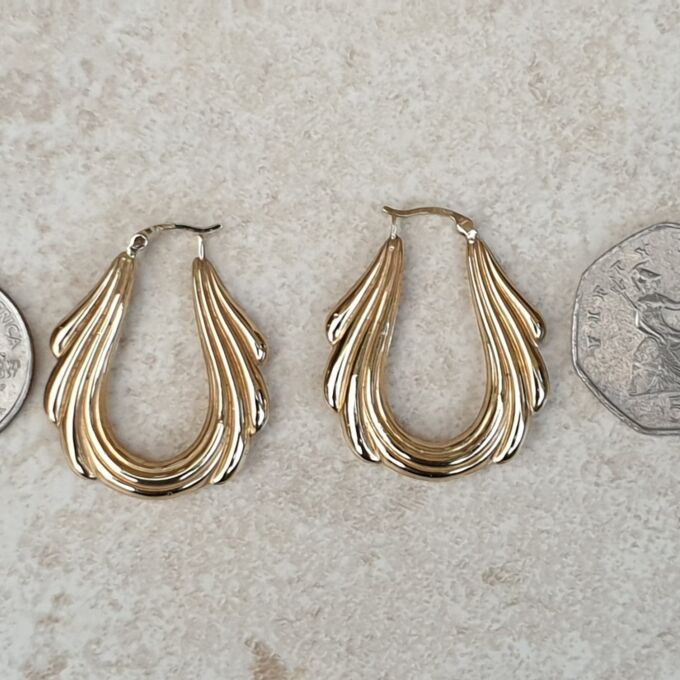 Oval Swag Design Drop Hoop Earrings in 9ct Gold