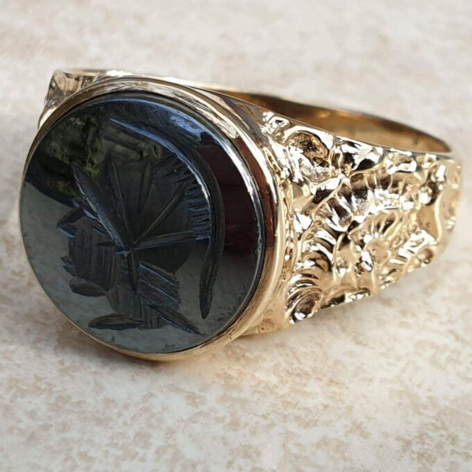 Hematite Intaglio Centurion Signet Ring in 9ct Gold.