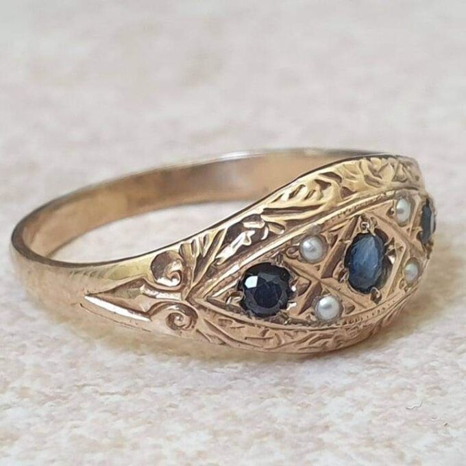 Sapphire and Seed Pearl Gypsy Ring in 9ct Gold, a UK N or a US 7