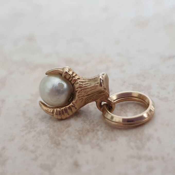 Tiny Faux Pearl Eagle Claw Pendant Charm in 9ct Gold