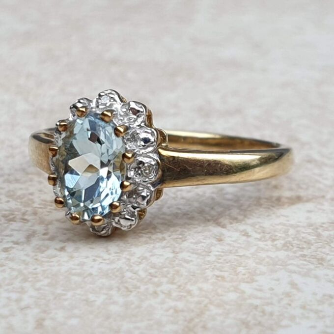 Aquamarine and Diamond Cluster Ring in 9ct Gold,  a UK M 1/2 or a US 6 3/4.