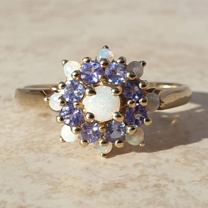 Opal and Tanzanite Cluster Ring in 9ct Gold,  a UK T 1/2 or a US 10.