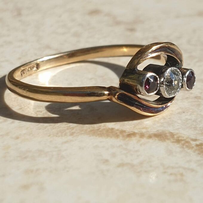 Ruby & Diamond Trilogy Crossover Bypass Ring in 18ct Gold.