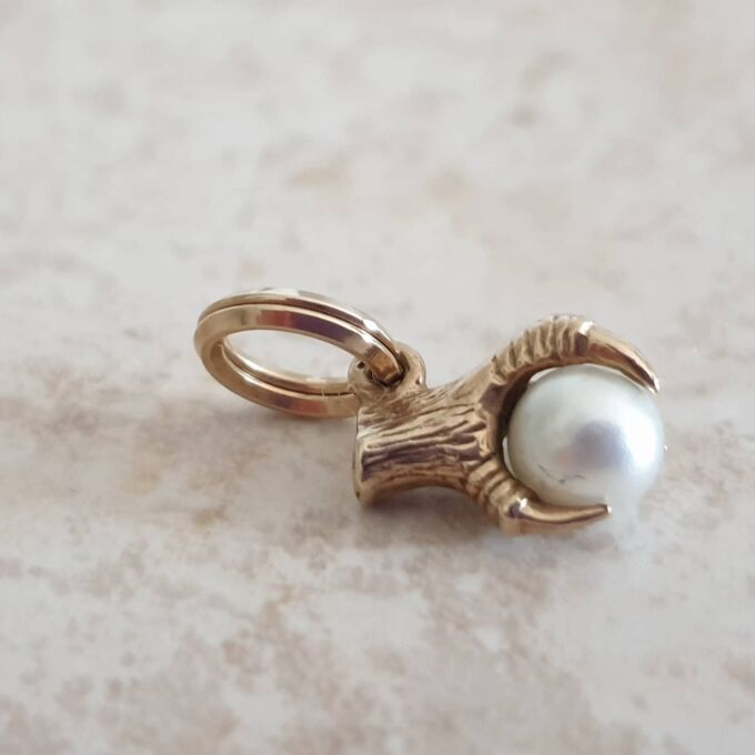 Tiny Faux Pearl Eagle Claw Pendant Charm in 9ct Gold