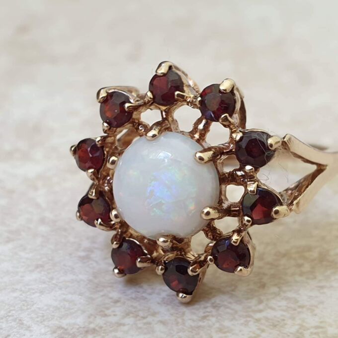 Opal and Garnet Halo Cluster Ring in 9ct Gold. - Gems Afire - Vintage ...