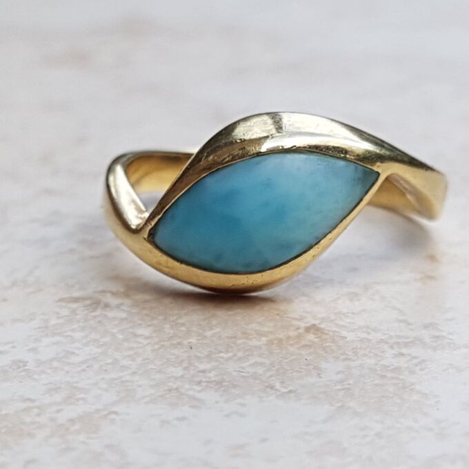 Unusual Modernist Larimar Ring in 9ct Gold, a UK O 1/2 or a US 7 3/4.