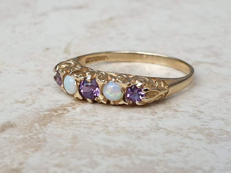 Amethyst and Opal Five Stone Ring in 9ct Gold, a UK O 1/2 or a US 7 1/2 ...