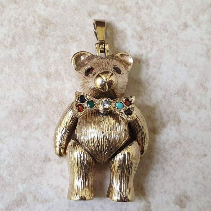 Heavy Articulated Teddy Bear with Dickie Bow in 9ct Gold