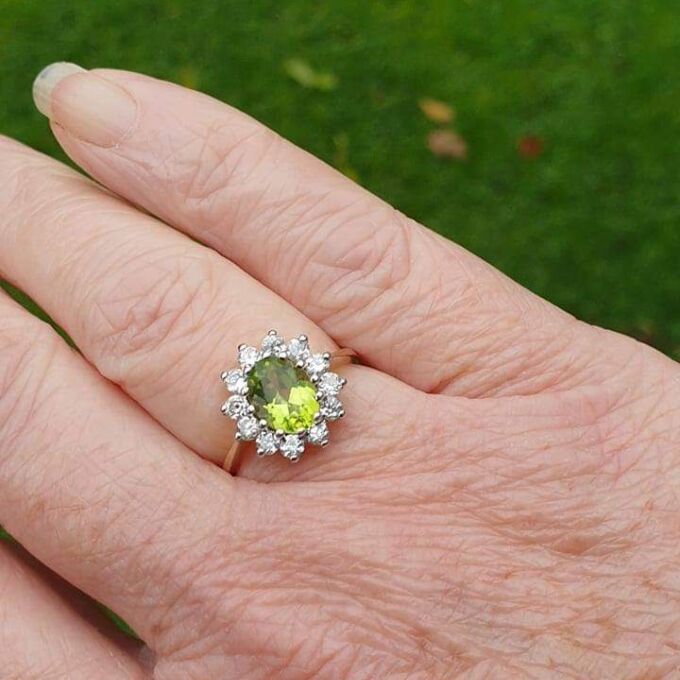 Peridot Green and White Cluster Ring in 9ct Gold.
