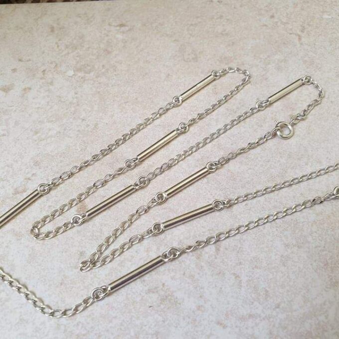 Long Length Italian Silver Bar and Link Chain Necklace, 33 inches.