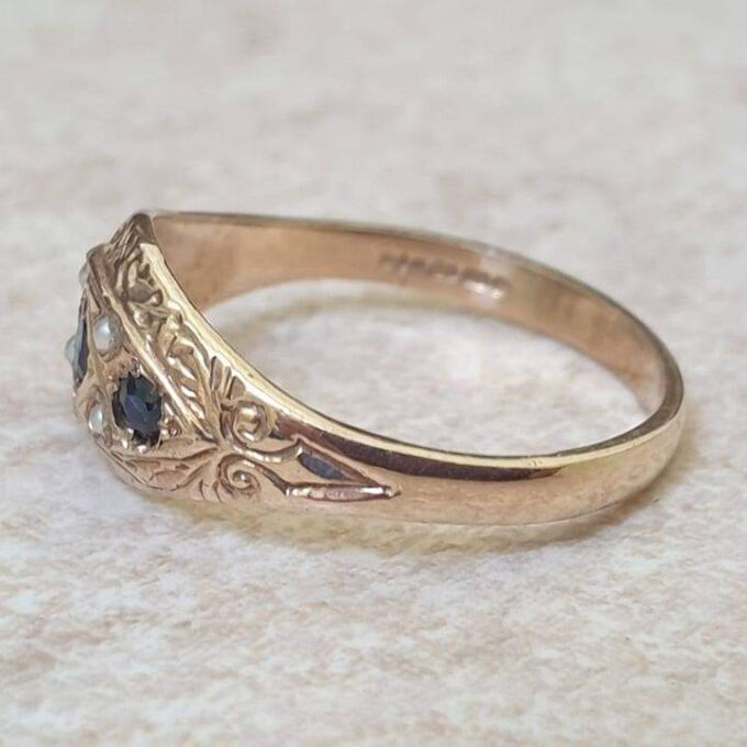 Sapphire and Seed Pearl Gypsy Ring in 9ct Gold, a UK N or a US 7
