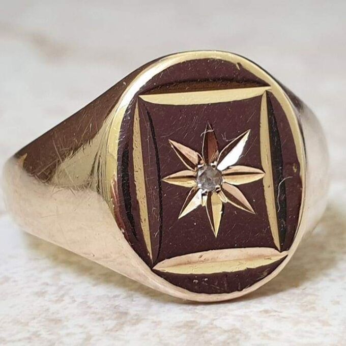 Heavy Oval Diamond Set Signet in 9ct Gold.