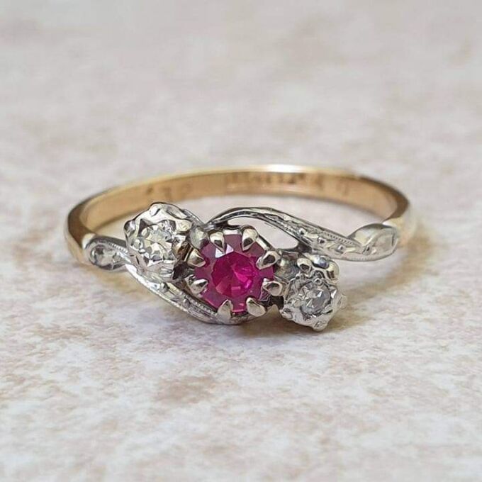 Ruby & Diamond Crossover Ring in 18ct Gold and Platinum.