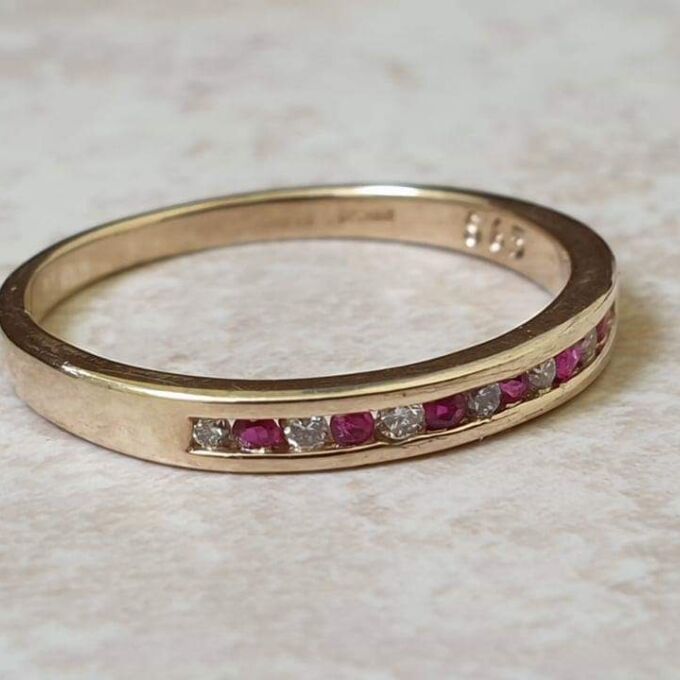 Channel Set Ruby and Diamond Narrow Band in 9ct Gold.
