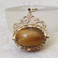 Tigers Eye and Agate Ornate Spinner Fob Pendant in 9ct Gold