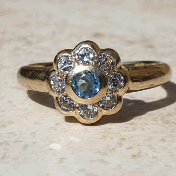 Topaz and Paste Daisy Cluster Ring in 9ct Gold,  a UK N or a US 7.