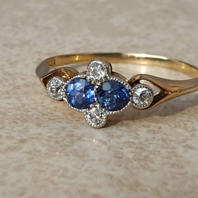 Twin Sapphire and Diamond Ring in 18ct Gold,  a UK P or a US 8.