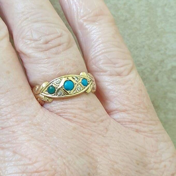 Three Stone Turquoise and Diamond Ring in 9ct Gold.