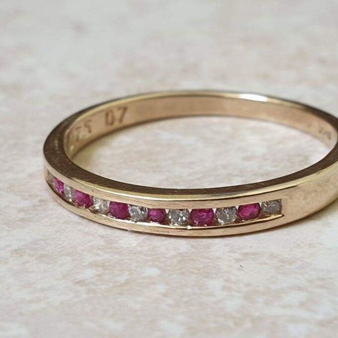 Channel Set Ruby and Diamond Narrow Band in 9ct Gold.