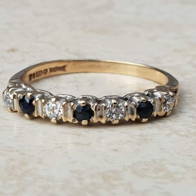 Sapphire & CZ Half Eternity Ring in 9ct Gold, a UK O or a US 7 1/2.