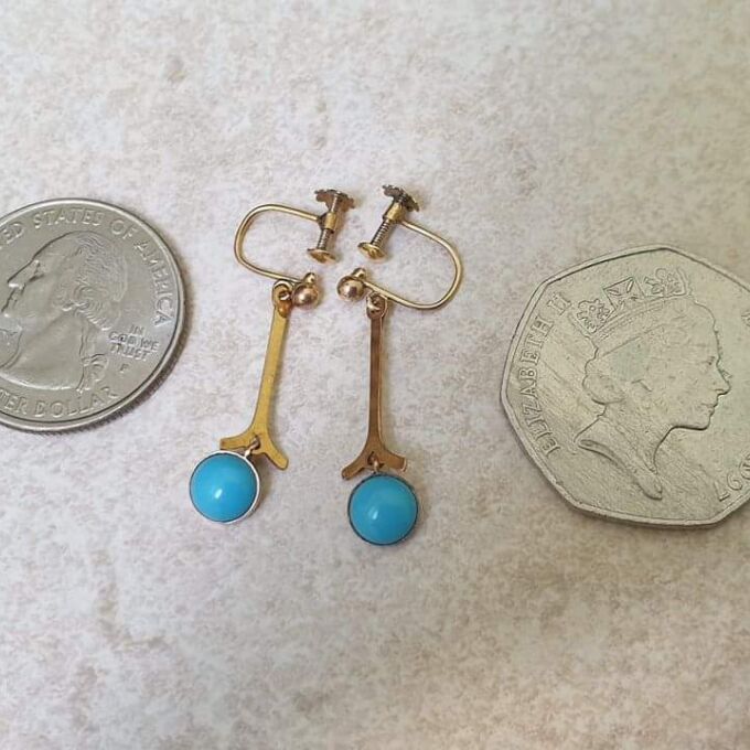 Old Turquoise Paste and 9ct Gold Screw Back Earrings.