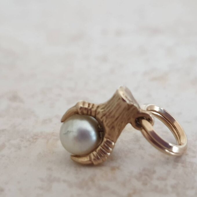 Tiny Faux Pearl Eagle Claw Pendant Charm in 9ct Gold
