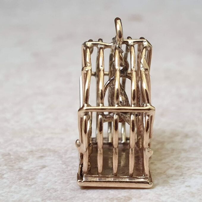 Bird in Birdcage Charm Pendant in 9ct Gold