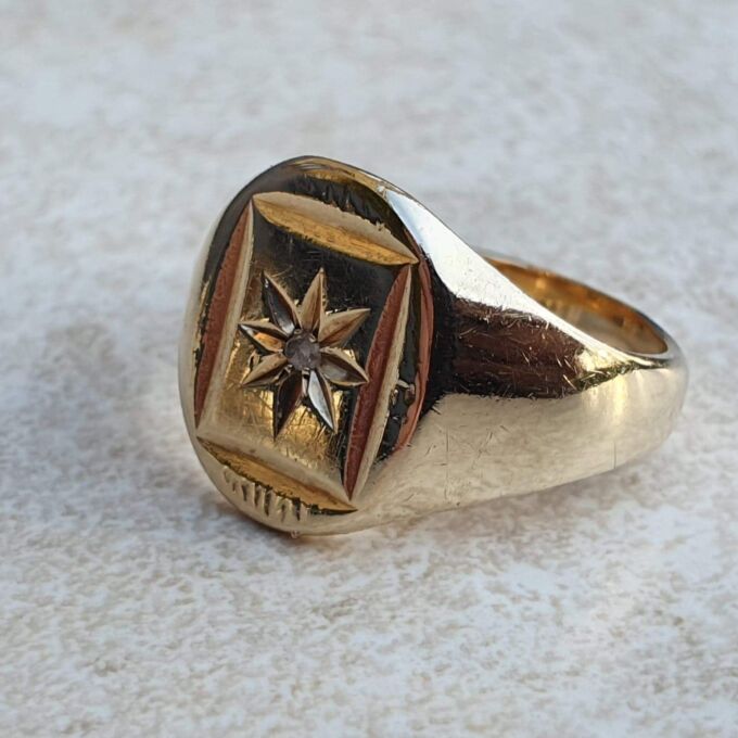 Heavy Oval Diamond Set Signet in 9ct Gold.