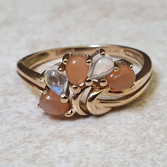 Rainbow and Peach Moonstone Ring in 9ct Gold.