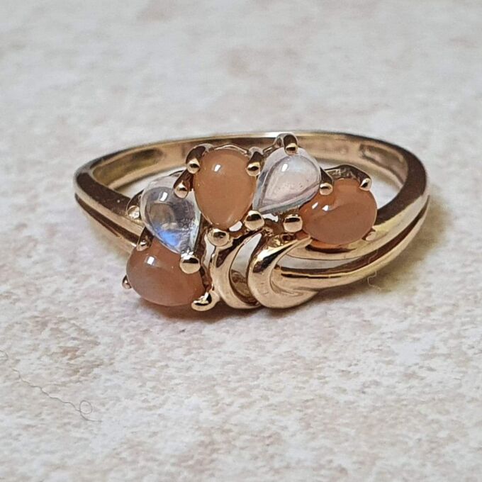 Rainbow and Peach Moonstone Ring in 9ct Gold.
