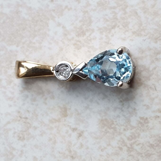 Pear Cut Aquamarine and Diamond Pendant in 9ct Gold