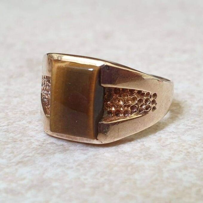 Tiny Tigers Eye Signet Ring in 9ct Gold.