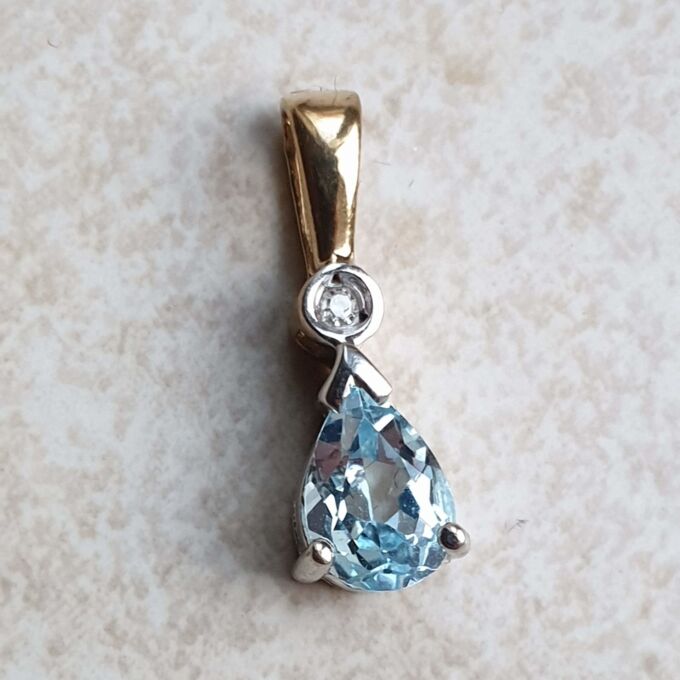 Pear Cut Aquamarine and Diamond Pendant in 9ct Gold