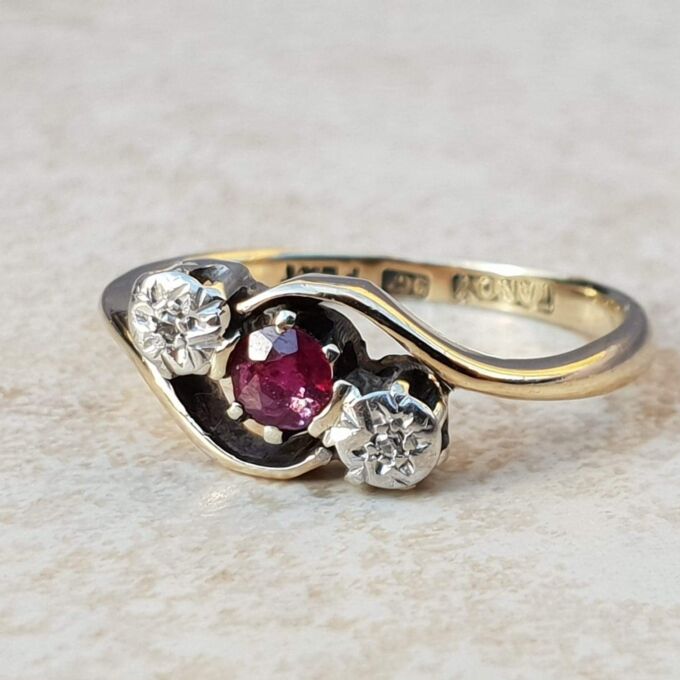 Ruby & Diamond Bypass Ring in 9ct Gold & Platinum,  a UK J 1/2 or a US 5 1/4.