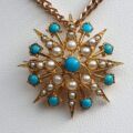 Turquoise and Pearl Star Snowflake Brooch and Pendant in 9ct Gold