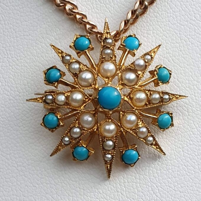 Turquoise and Pearl Star Snowflake Brooch and Pendant in 9ct Gold