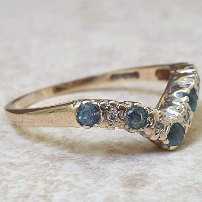 Topaz and Diamond Wishbone or Chevron Ring in 9ct Gold.